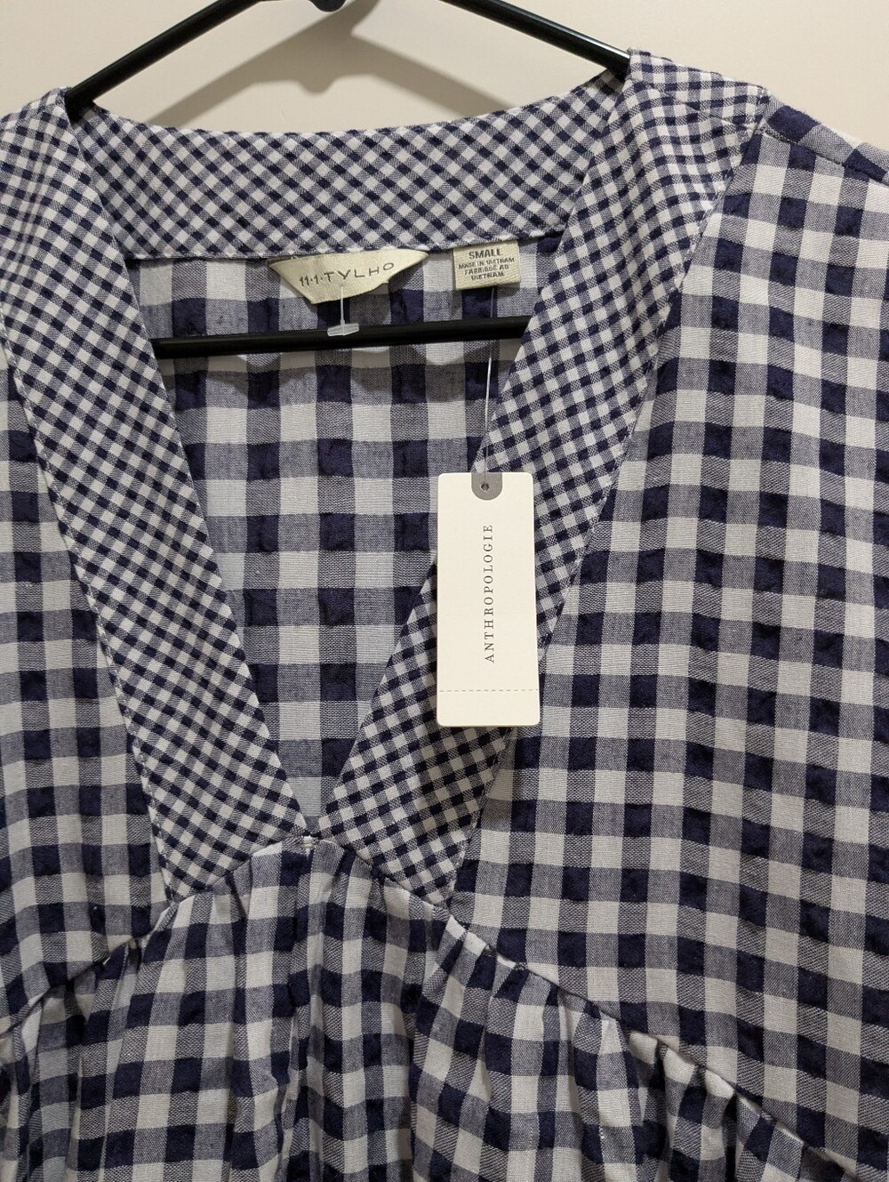 Anthropologie 11-1-TYLHO V Neck Swing Dress Navy and White Gingham Tiered Sz. S - Picture 5 of 8